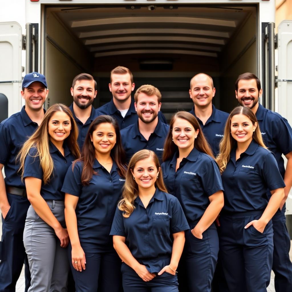 Kalyan team in navy uniforms posing in front of a moving truck