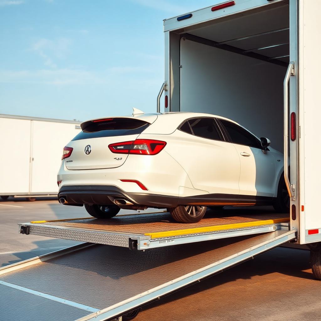 Car being loaded into an enclosed vehicle carrier