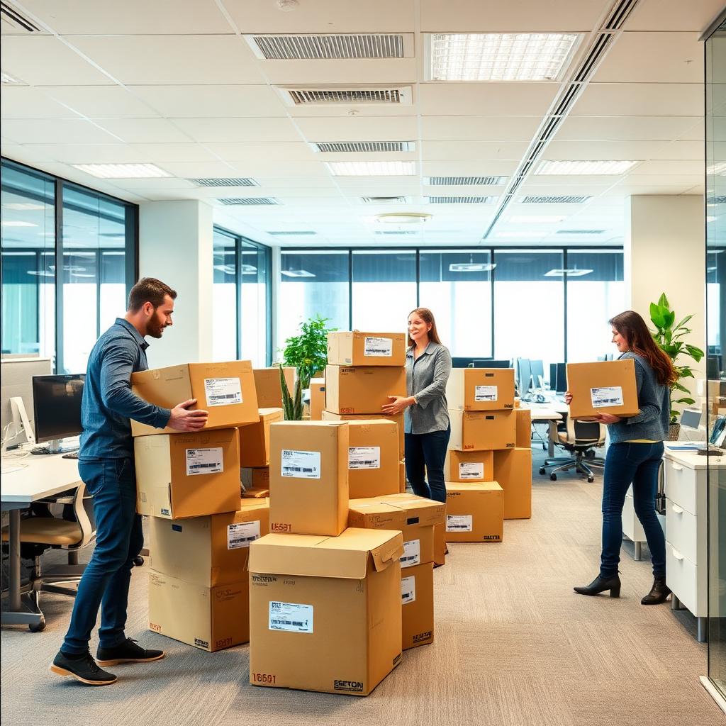 Office relocation in progress with labelled boxes