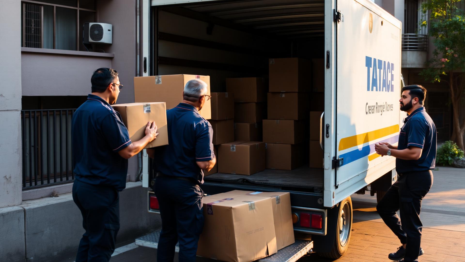 Indian movers loading boxes into a Tata Ace moving truck outside an apartment