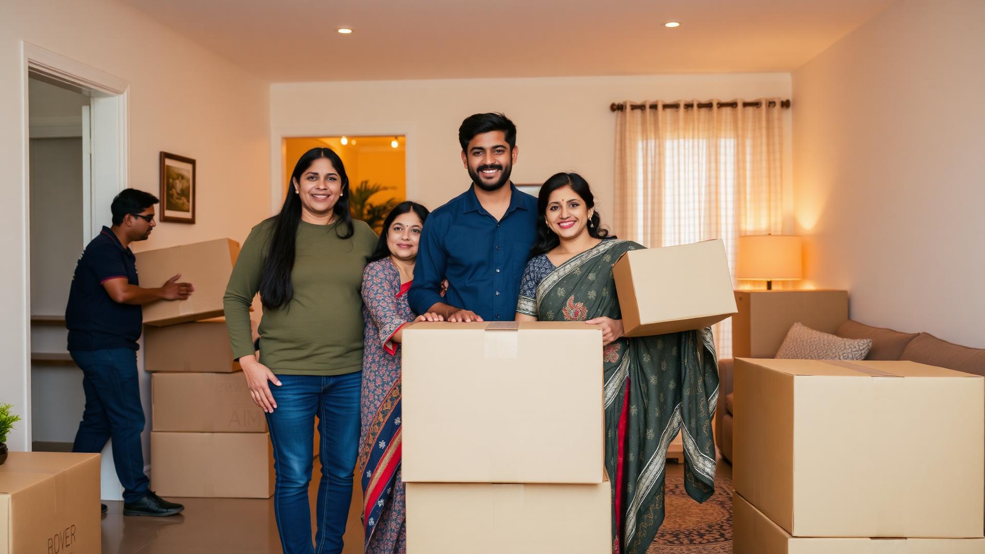 Indian family happily settling into their new home with movers in the background