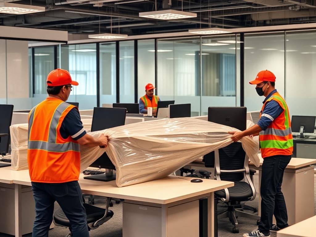 Movers wrapping office desks and computers inside an Indian corporate office