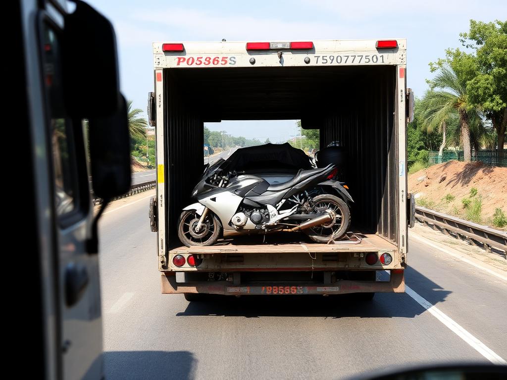 Motorbike loaded inside an enclosed vehicle carrier truck on an Indian highway