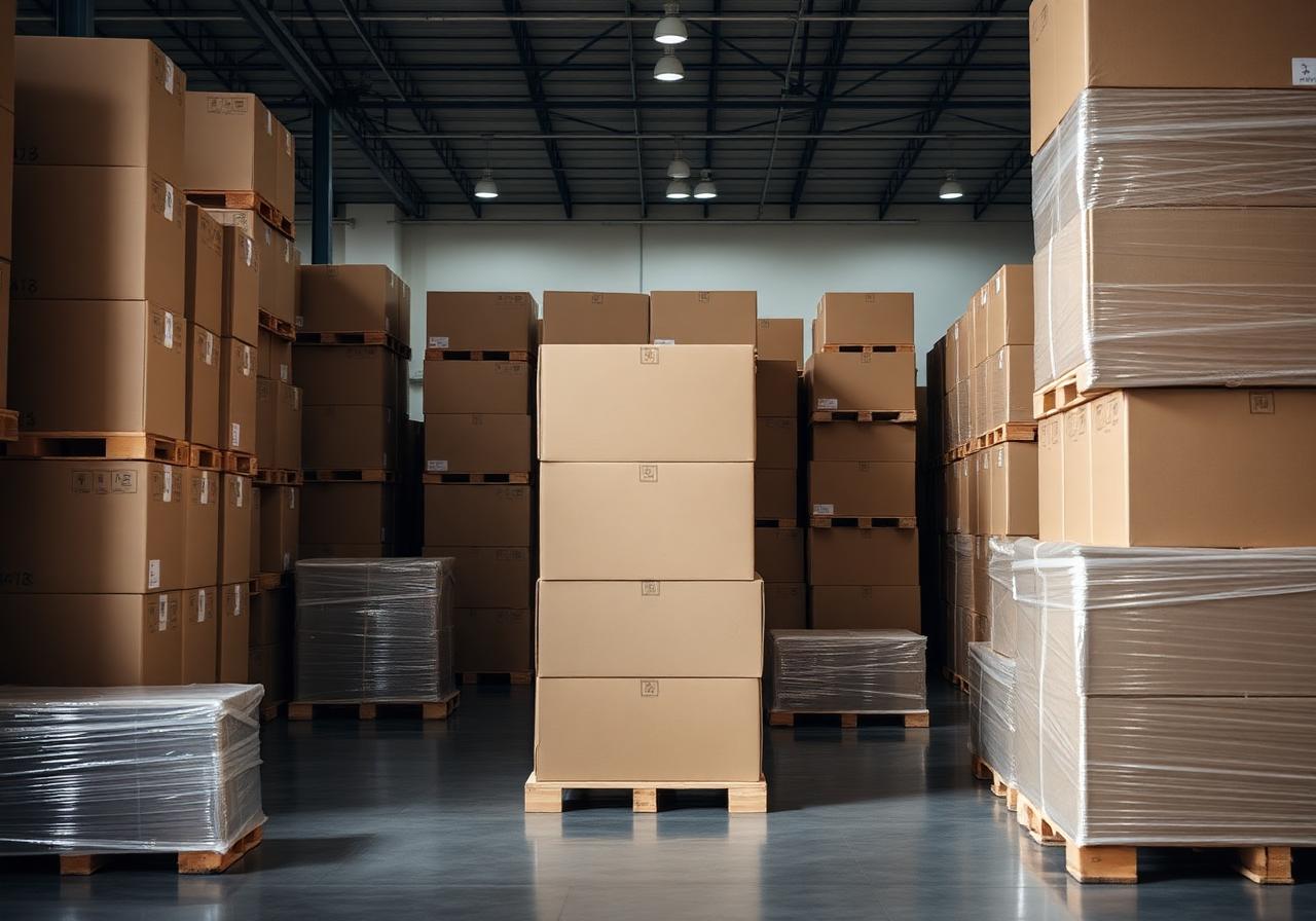 Kalyan Packers warehouse with neatly stacked, shrink-wrapped pallets
